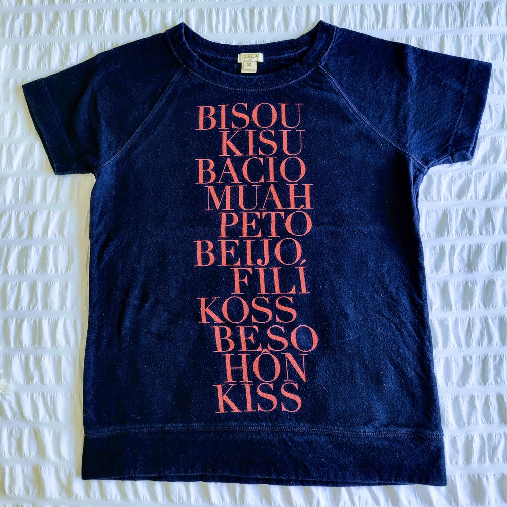 J.CREW Navy Tee with Dusty Pink Multilingual "Kiss" Text